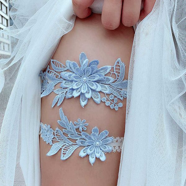 

wedding garter navy white embroidery floral garters women/female/bride thigh bridal lace leg ring loop 2pcs, Black;white