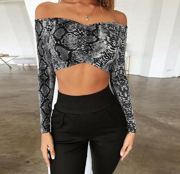 

new ladies blouse off shoulder cropped tank women snake skin print crop ladies streetwear basic tees camis 2019, White
