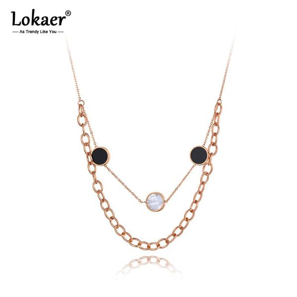 

chokers lokaer original double layer round pendant necklace for women stainless steel bohemia acrylic & shell choker n20134, Golden;silver