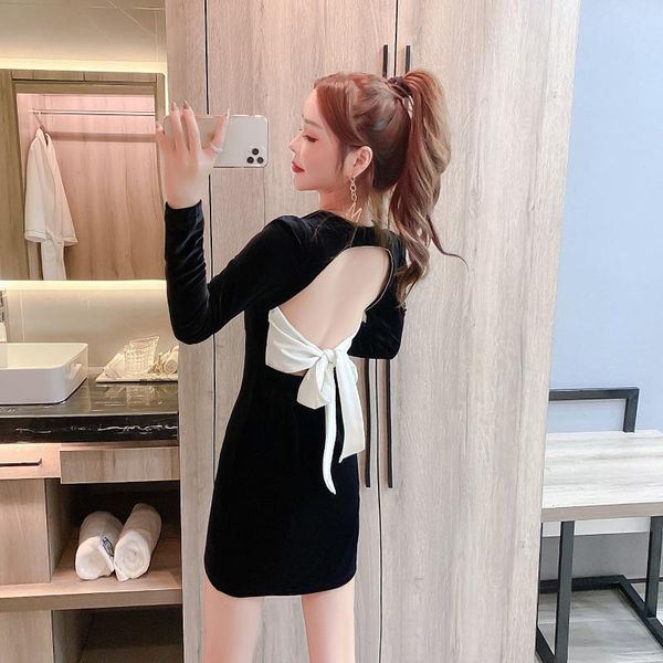 

hollow out bow hollow out black women's clothing velvet bandage bodycon dress autumn backless evening party dresses, Black;gray