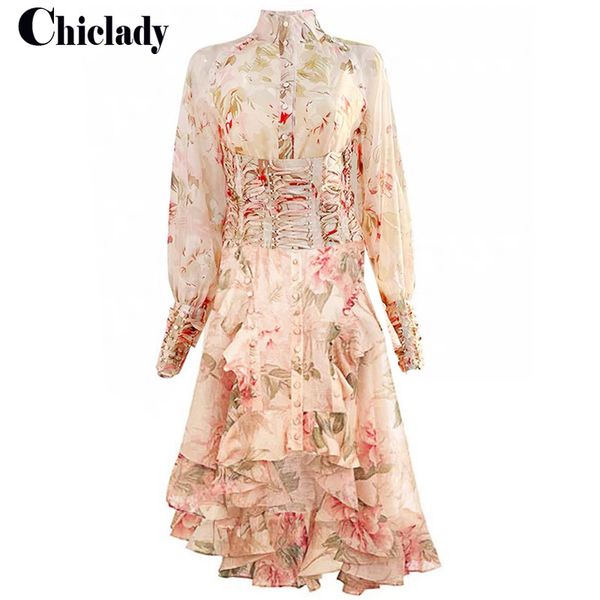 

chiclady runway designer flower ruffles buttons celebrity party maxi dress asymmerical single breasted mujer dress 201204, Black;pink