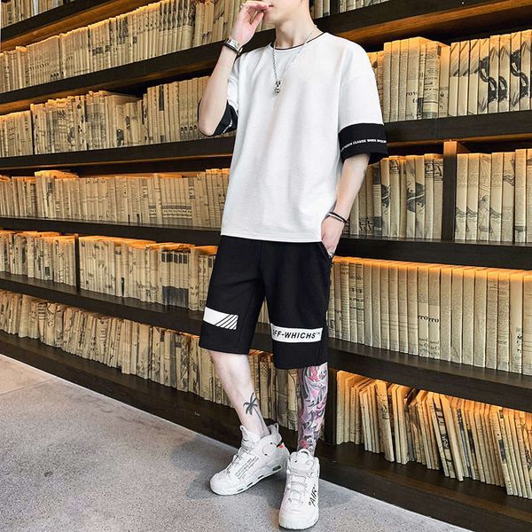 

2020 sleeve summer korean fashion round neck t-shirt five point short men's sports casual suit, Gray