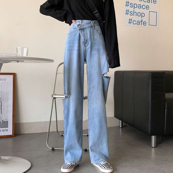 

jeans women's summer 2020 new high waisted skinny hole split wide leg pants, Blue