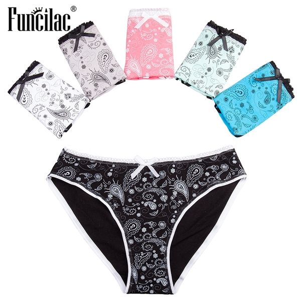 Funilac Mulheres Underpants Sexy Bikini Calcinha Algodão Cintura Low Cintura Breve Senhoras Underwear Meninas Impressão Lingerie M L XL 5 Pçs / Lote 201112