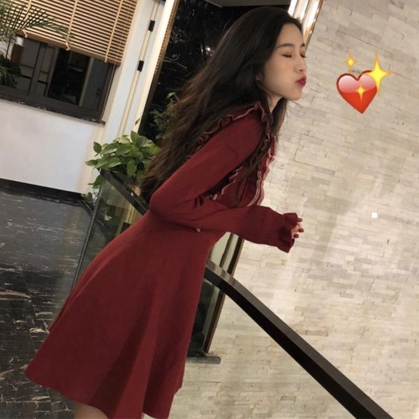 

new 2021 nova primavera vintage elegante o pescoo feminino engrossar de malha magro manga cheia babados vestido camisola t6ii qx0h, Black;gray