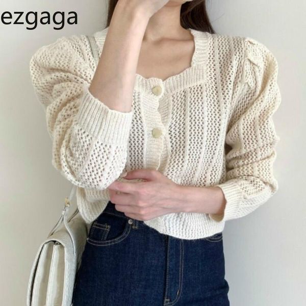 

women's knits & tees ezgaga hollow out knitted cardigan women 2021 autumn fashion square collar long puff sleeve sweater elegant outwea, White