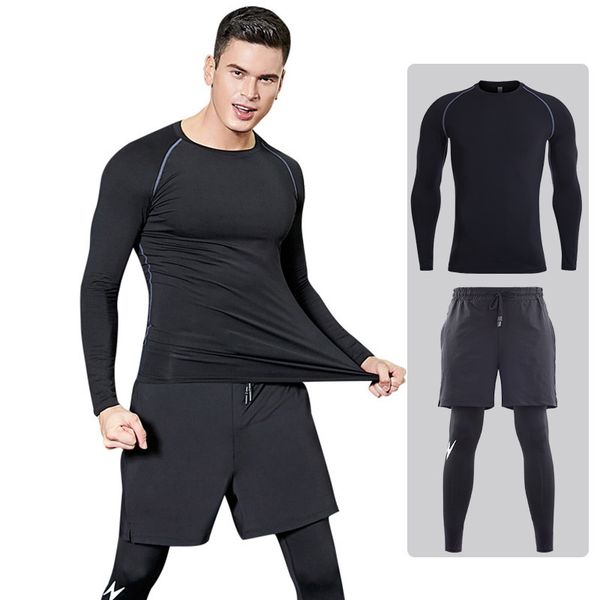 

fitness suit men's high elastic breathable fast dry fake pants basketball running sportswear two sets winter, Black