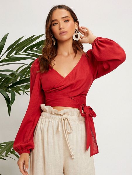 

v-neck bishop sleeve wrap tie side r2da#, White