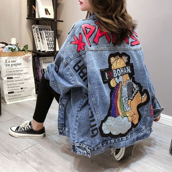 

new spring and autumn street style holes denim jackets for women cartoon diamonds jean coats and jackets ripped winbreaker 201109, Black;brown