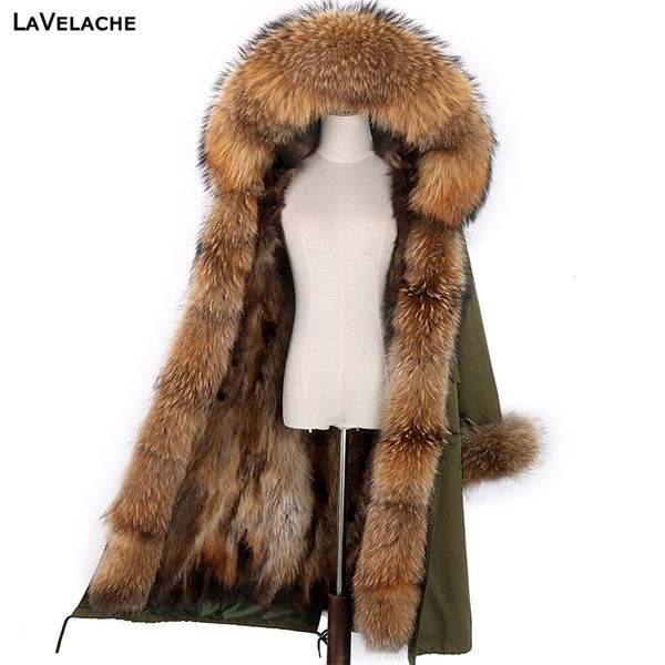 Lavelache X-Uzun Parka Kış Ceket Kadınlar Gerçek Kürk Büyük Doğal Rakun Kürk Hood Streetwear Ayrılabilir Giyim Yeni 201212