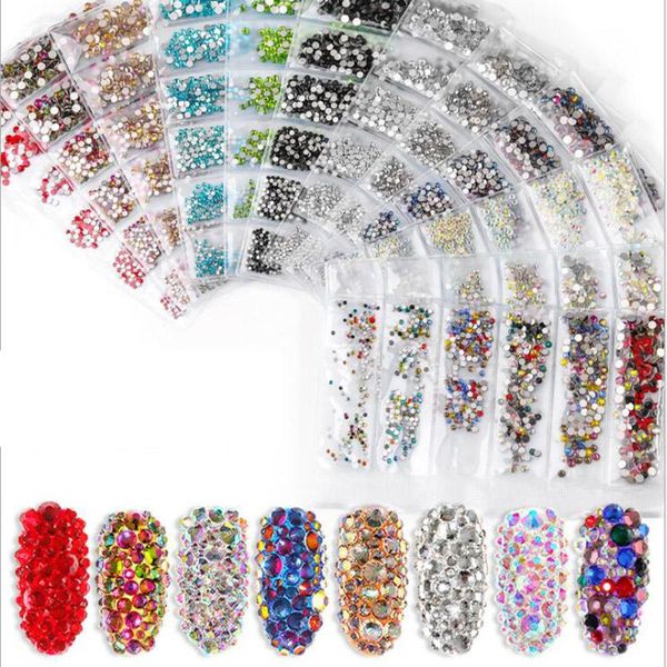 

12 patterns nail crystal rhinestones manicure diy multi-size flatback bottom mixed color nail art 3d decoration, Silver;gold