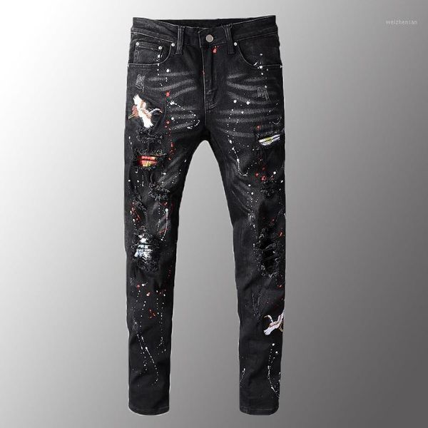 

mens luxury men's black bird embroidered painted ripped jeans streetwear holes patchwork stretch denim pants1, Blue