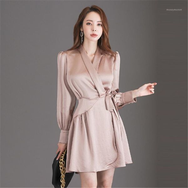 

casual dresses korean style ladies dress light luxury satin women long sleeve slim mini1, Black;gray