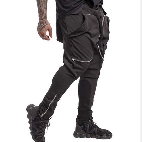 

men's pants slim pocket straight leg cargo trousers jogging hip hop harem skinny male sweatpants overalls, Black