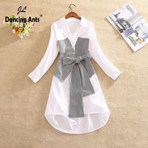

woman dress plaid patchwork a-line dress bow shirt dresses office lady long sleeve turn-down collar button plus size vestidos, Black;gray