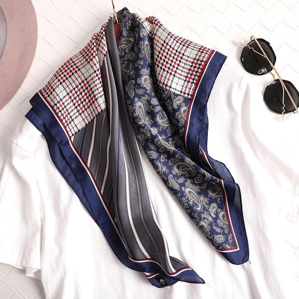 

scarves summer lady sunscreen silk scarf beach shawl women's style lattice print 70cm square muslim headscarf bandanna, Blue;gray