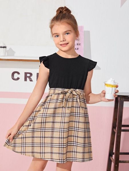 

girls plaid ruffle sleeve belted dress she, Red;yellow
