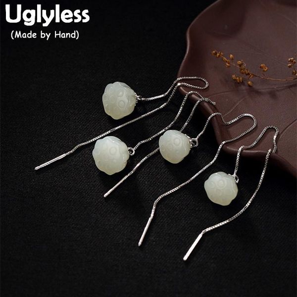 

uglyless s 925 sterling silver natural white jade lotus dangle earrings fashion long ear line brincos bijoux women fine jewelry