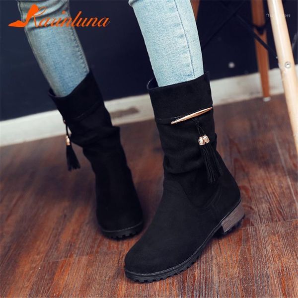 

boots 2021 arrival shoes women leisure round toe fringe low heels mid-calf solid metal decoration1, Black
