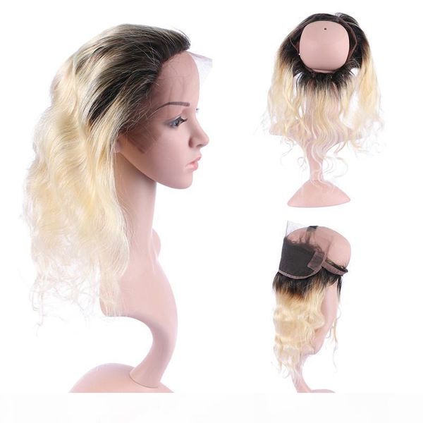 

1b 613 ombre 360 band lace frontal closure 13x4x2 pre plucked body wave 8-22" peruvian human hair blonde ombre 360 lace band closure, Black;brown