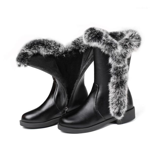 

boots 2021 winter women snow fur warm mid calf-boots square heels round toe platform zipper size 34-451, Black