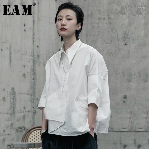 

eam] women white asymmetrical big size blouse new lapel long sleeve loose fit shirt fashion tide spring autumn 2020 1r5901