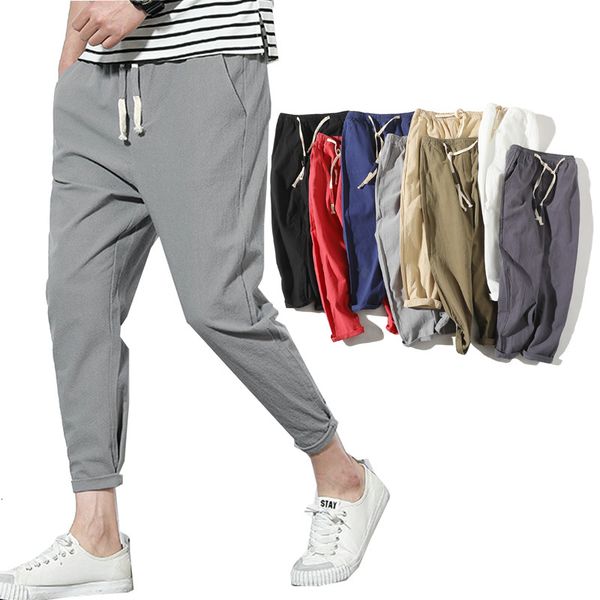 

2021 new men's summer casual natural cotton trousers white linen elastic waist ankle-length man's pants ou96, Black