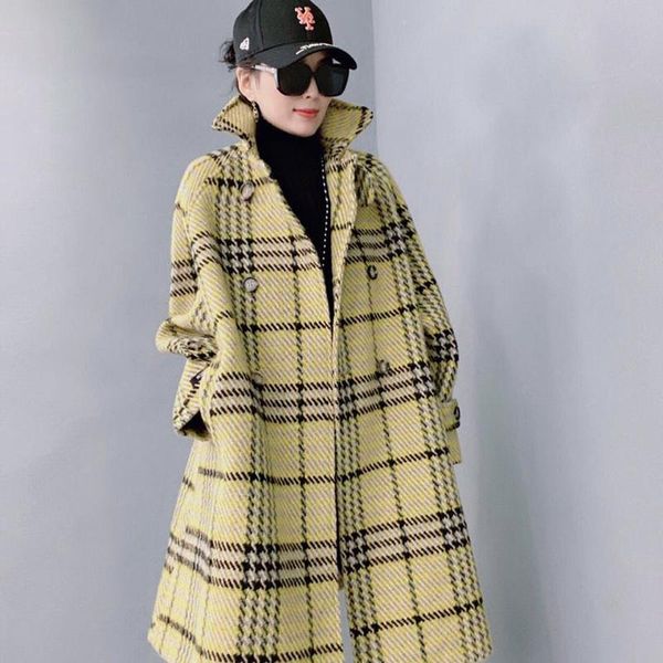 

women's plus cotton thick european winter loose large plaid double-breasted long woolen coat female, Black