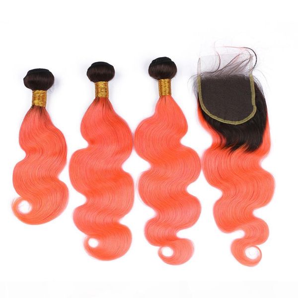 

peruvian ombre orange human hair bundles body wave with closure #1b orange dark root ombre virgin hair weaves with lace closure 4x4, Black
