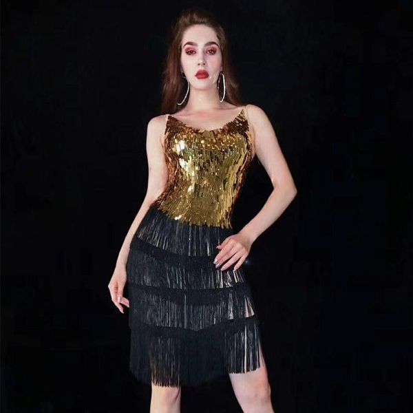 

gold shining sequins stones black tassel mesh dress birthday celebrate outfit prom singer dancer see through dress dwy2948, Black;red