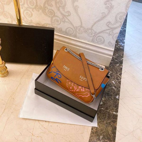 

2020 designer crossbody bags versatile graffiti postman bag fashion women shoulder bag genuine leather hardware chain letter handbag