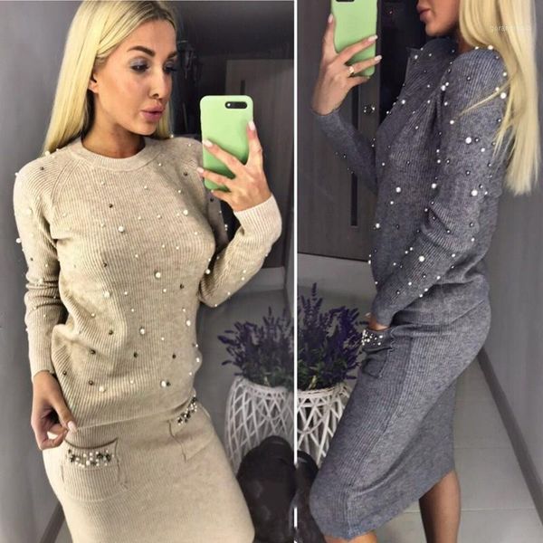 

women two piece warm set pearl beading knitted pullover pencil skirt women elegant 2 piece suits1, White