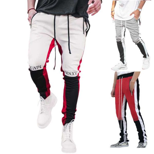

men skinny zipper printed pencil pants fitness jogging elastic waist sports pants street hip-hop trendy man straight, Black