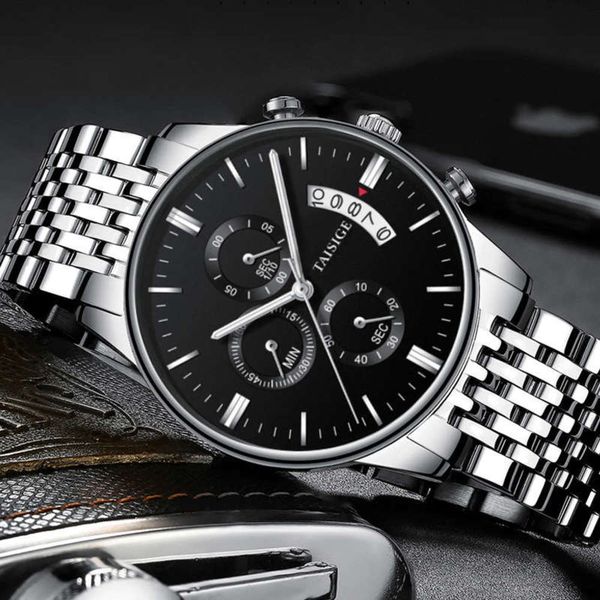 

six taishijie leisure new needle fashion three eye luminous quartz waterproof steel belt butterfly button men's watch, Slivery;brown