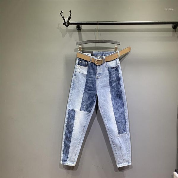 

2020 straight full length high waist jeans woman button pockets zippers bleached streetwear regular softener vintage1, Blue