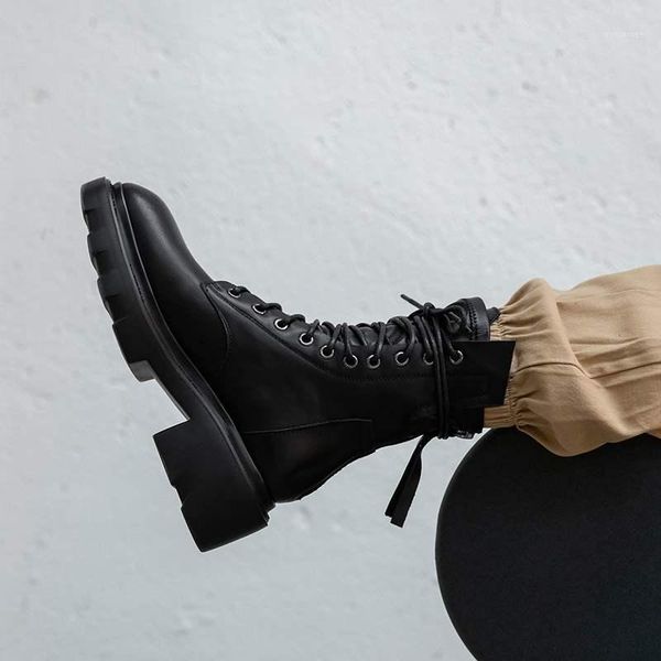 

bottes femme brand ankle boots women's shoes genuine leather platform round toe lace up motorcycle boots zapatos mujer1, Black