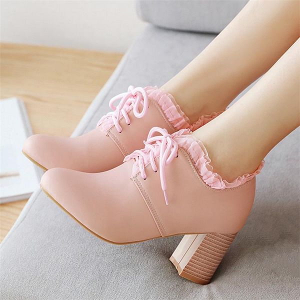 

women block heel pumps high heels lace up ladies shoes round toe pink white dress pumps elegant work shoes plus, Black