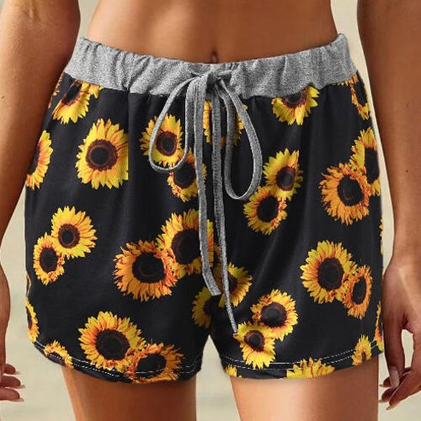 

women's shorts summer casual women sunflower print loose lady home jogging beach correndo short pants spodenki damskie, White;black