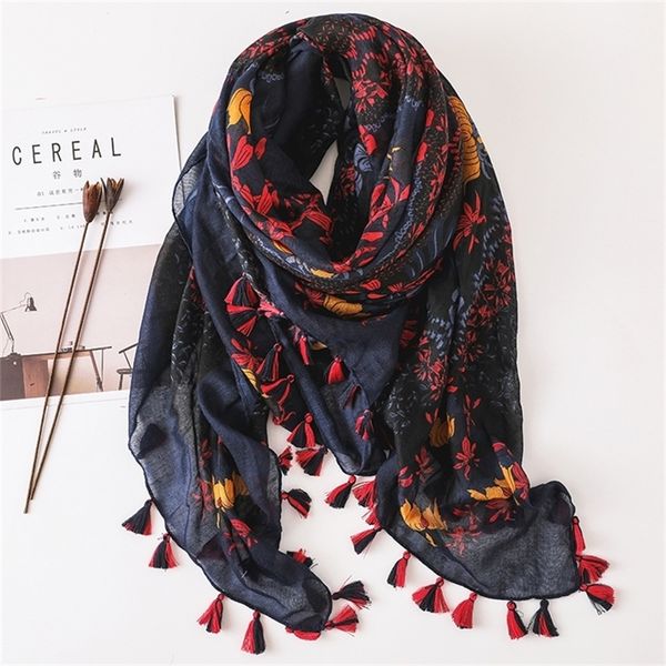 

women fashion small polka floral tassel viscose shawl scarf print voile wrap headband bufandas muslim hijab sjaal 130*130cm y201007, Blue;gray