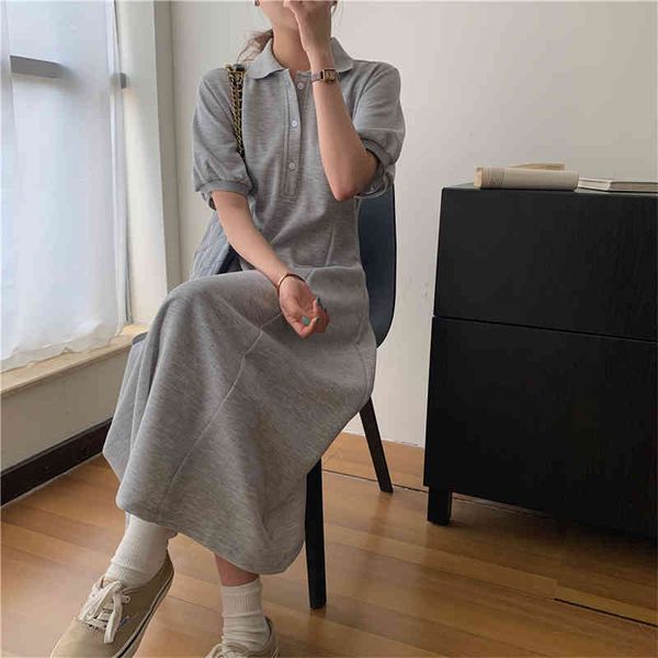 

korean elegant casual solid color mid-length slim-fit lapel short-sleeved dress summer fashion womens clothing, Black;gray