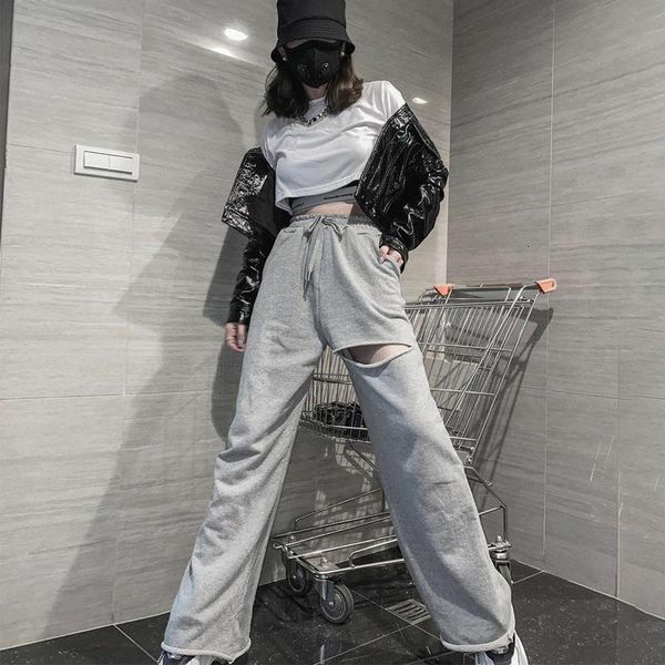

women wid leg pants casual hollow out drawstring pockets high street puls size sweatpants solid basic streetwear autumn 2020, Black;white
