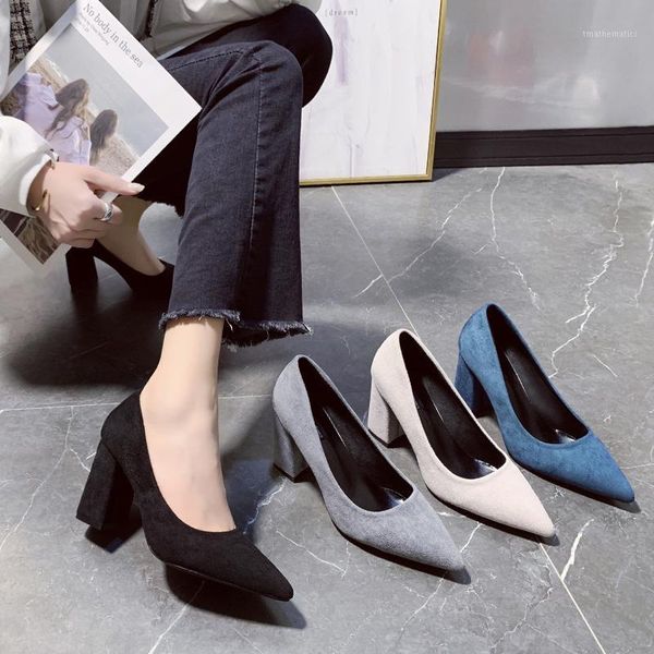 

women shoes thick high heels 2020 office shoes women flock pointed toe high heels elegant ladies block heel 8 cm1, Black