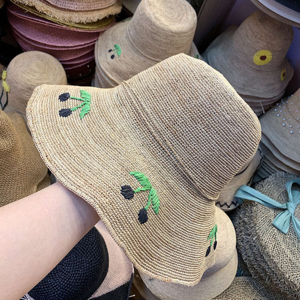 

cherry large eaves lafite grass for women's summer new foldable machine korean versatile quality sun shade hat, Blue;gray