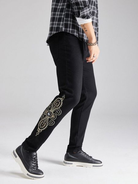 

men rhinestone scroll embroidered jeans x3ih#, Blue