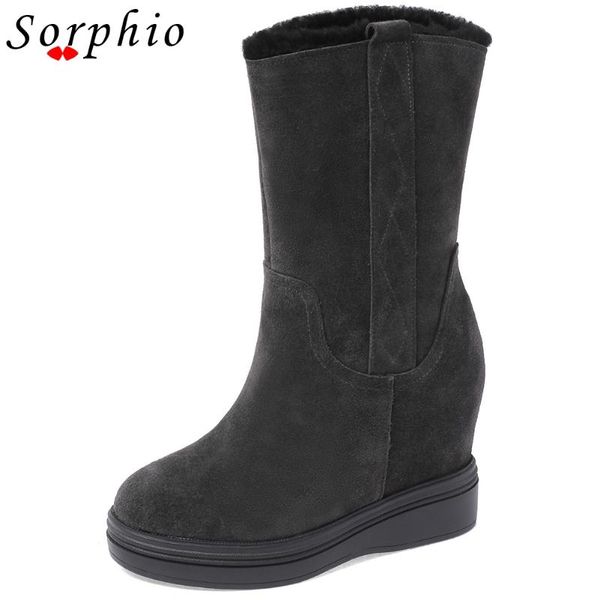 

boots sorphio cow suede winter female short plush warm ankle increasing height women casual shoes woman, Black