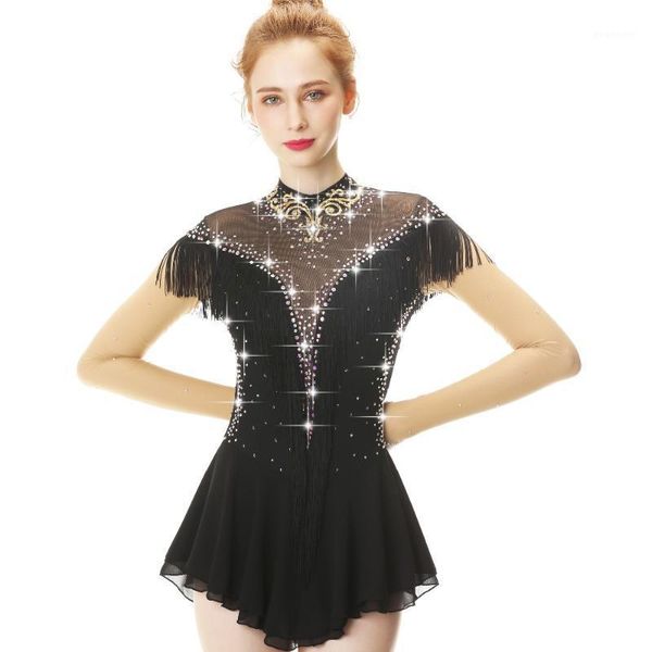 

black long sleeve tassels crystal diamond bow figure skating dress skating skirt women's and girls1, Black;red
