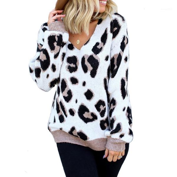 

women's sweaters vicabo casual warm leopard print v ncek long sleeve sweater causal loose knitted female autumn pullover1, White;black