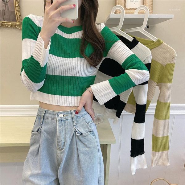 

korean-style simple color slimming crew neck stripes knitted jacket vintage long sleeve short t-shirt female fat1, White