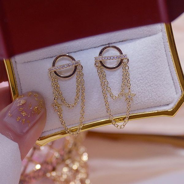 

stud japanese&korea delicate jewelry 14k real gold zircon tassel earrings for women elegant geometric, Golden;silver