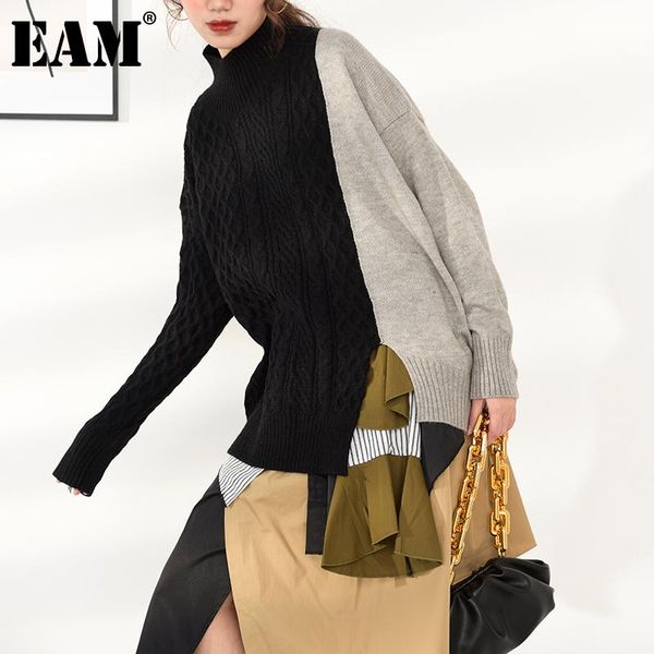 

eam] contrast color knitting sweater loose fit turtleneck long sleeve women pullovers new fashion autumn winter 2020 1y21901, White;black